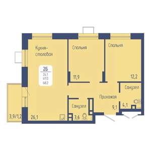 2-к квартира, вторичка, 68м2, 2/15 этаж