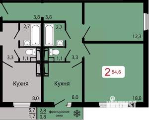 2-к квартира, строящийся дом, 55м2, 13/17 этаж