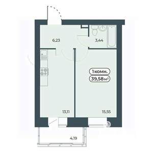 1-к квартира, строящийся дом, 40м2, 2/9 этаж