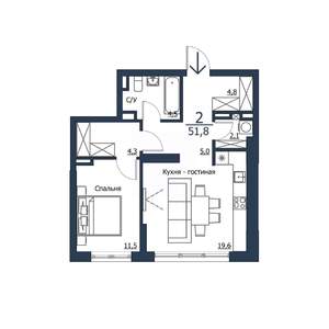 2-к квартира, строящийся дом, 52м2, 19/23 этаж