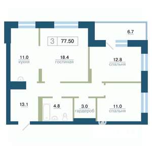 3-к квартира, строящийся дом, 78м2, 6/24 этаж