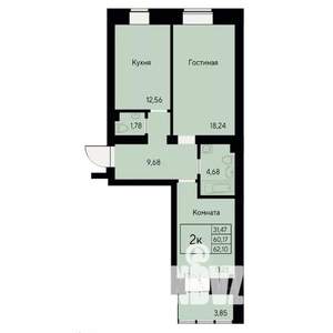 2-к квартира, строящийся дом, 62м2, 2/8 этаж