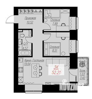 2-к квартира, строящийся дом, 52м2, 13/17 этаж