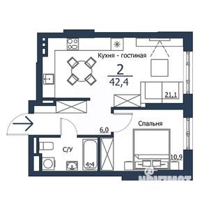 2-к квартира, строящийся дом, 42м2, 8/23 этаж
