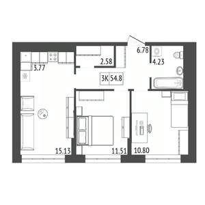 3-к квартира, строящийся дом, 55м2, 7/17 этаж