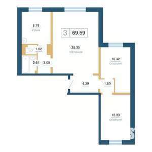 3-к квартира, вторичка, 70м2, 1/17 этаж