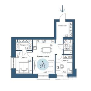 3-к квартира, строящийся дом, 67м2, 2/17 этаж
