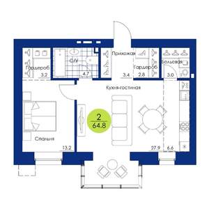 2-к квартира, строящийся дом, 65м2, 2/17 этаж