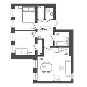 3-к квартира, строящийся дом, 49м2, 15/17 этаж