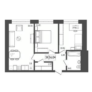 3-к квартира, строящийся дом, 56м2, 2/17 этаж