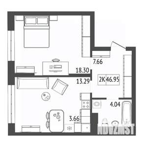2-к квартира, строящийся дом, 47м2, 10/17 этаж