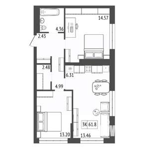 3-к квартира, вторичка, 62м2, 12/17 этаж