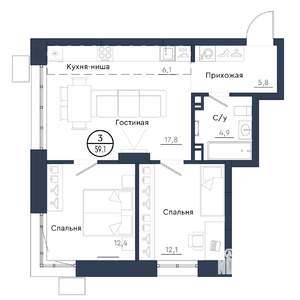 3-к квартира, вторичка, 59м2, 10/23 этаж