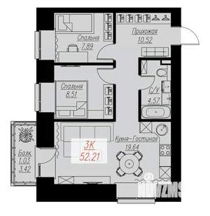 2-к квартира, строящийся дом, 52м2, 13/17 этаж