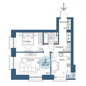 2-к квартира, строящийся дом, 61м2, 2/17 этаж