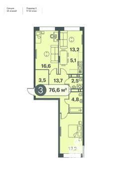 3-к квартира, строящийся дом, 77м2, 19/25 этаж
