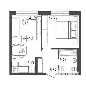 2-к квартира, строящийся дом, 41м2, 16/17 этаж