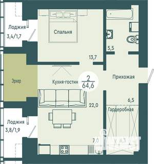 2-к квартира, строящийся дом, 65м2, 16/17 этаж