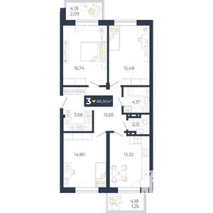 3-к квартира, строящийся дом, 86м2, 4/5 этаж