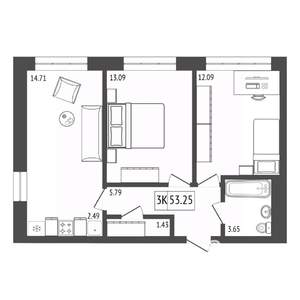 3-к квартира, строящийся дом, 53м2, 11/17 этаж