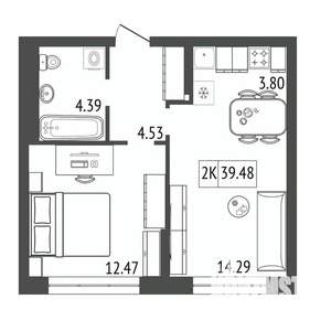 2-к квартира, вторичка, 39м2, 12/17 этаж