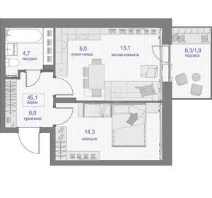 2-к квартира, вторичка, 45м2, 2/24 этаж