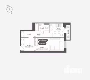 1-к квартира, вторичка, 44м2, 12/17 этаж