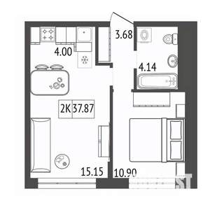 2-к квартира, строящийся дом, 38м2, 9/17 этаж
