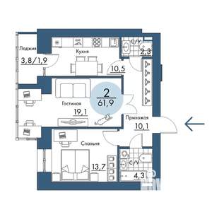 2-к квартира, строящийся дом, 62м2, 7/17 этаж