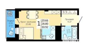 Студия квартира, строящийся дом, 31м2, 13/25 этаж