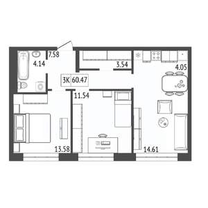 3-к квартира, вторичка, 60м2, 12/17 этаж