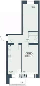 2-к квартира, строящийся дом, 61м2, 6/9 этаж