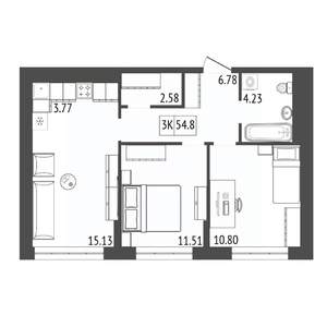 3-к квартира, строящийся дом, 55м2, 14/17 этаж