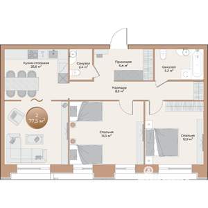 2-к квартира, вторичка, 78м2, 10/24 этаж