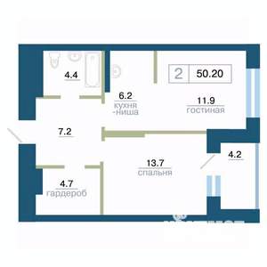2-к квартира, строящийся дом, 50м2, 23/24 этаж