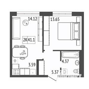 2-к квартира, вторичка, 41м2, 4/17 этаж