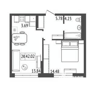 2-к квартира, вторичка, 42м2, 3/17 этаж