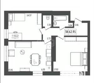 3-к квартира, вторичка, 63м2, 12/17 этаж