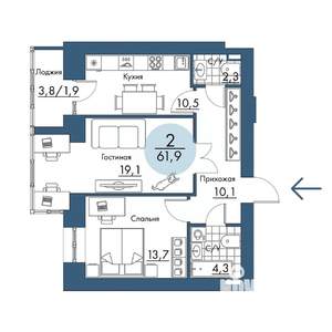2-к квартира, строящийся дом, 62м2, 8/17 этаж