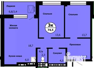 3-к квартира, строящийся дом, 73м2, 15/19 этаж