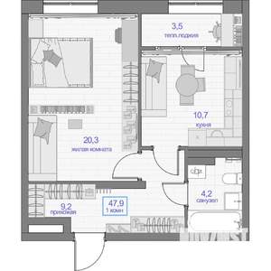 1-к квартира, вторичка, 48м2, 9/16 этаж