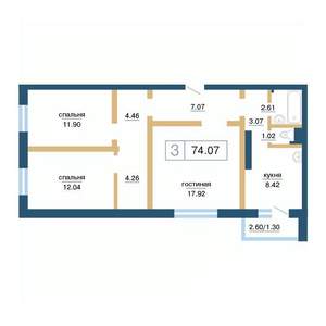 3-к квартира, строящийся дом, 74м2, 2/17 этаж