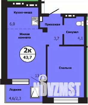 2-к квартира, строящийся дом, 44м2, 18/19 этаж