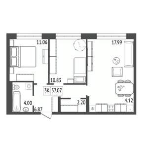 3-к квартира, строящийся дом, 57м2, 5/17 этаж