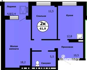 2-к квартира, строящийся дом, 61м2, 3/19 этаж