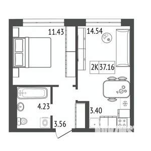2-к квартира, строящийся дом, 37м2, 15/17 этаж