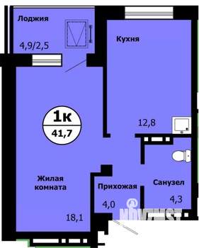 1-к квартира, строящийся дом, 41м2, 18/19 этаж