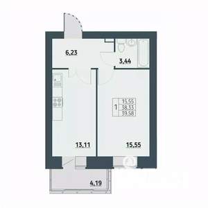 1-к квартира, строящийся дом, 40м2, 6/9 этаж