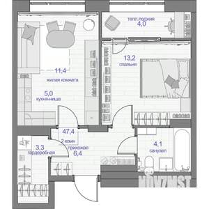 2-к квартира, вторичка, 47м2, 13/24 этаж