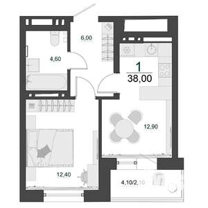 1-к квартира, строящийся дом, 38м2, 13/23 этаж
